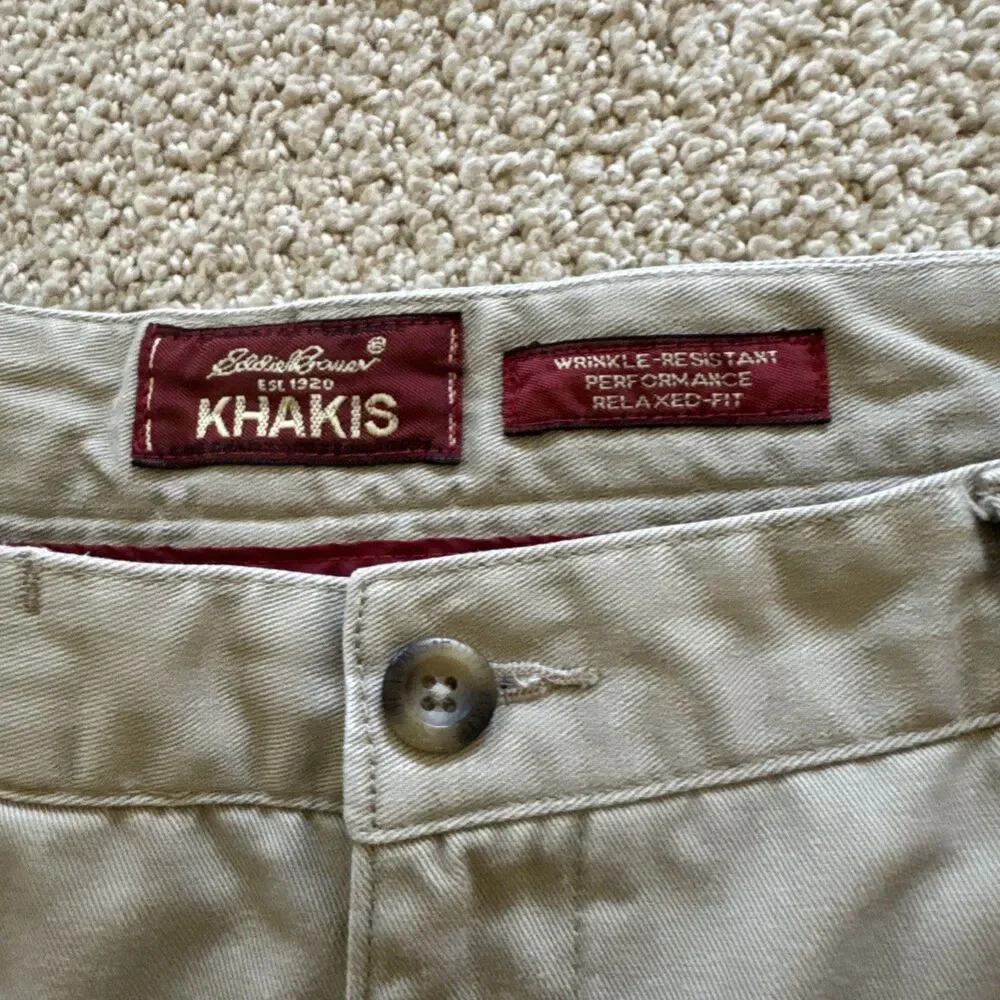Eddie Bauer Chino Pants Mens 38X34 Tan Khaki Pleated Front 100 Cotton Casual VTG